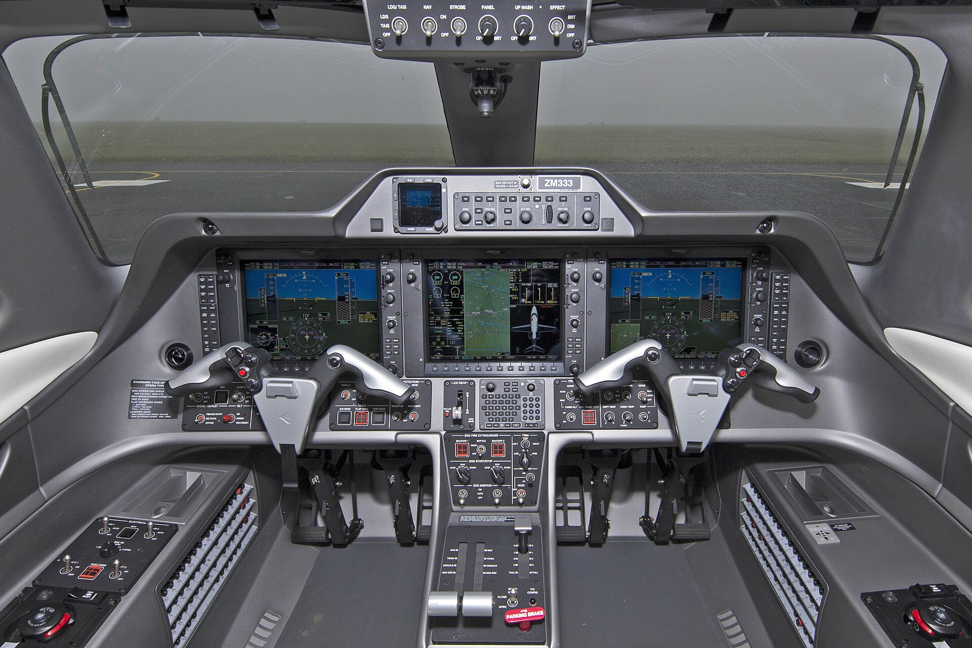 Flight deck of a business jet with glass cockpit displays