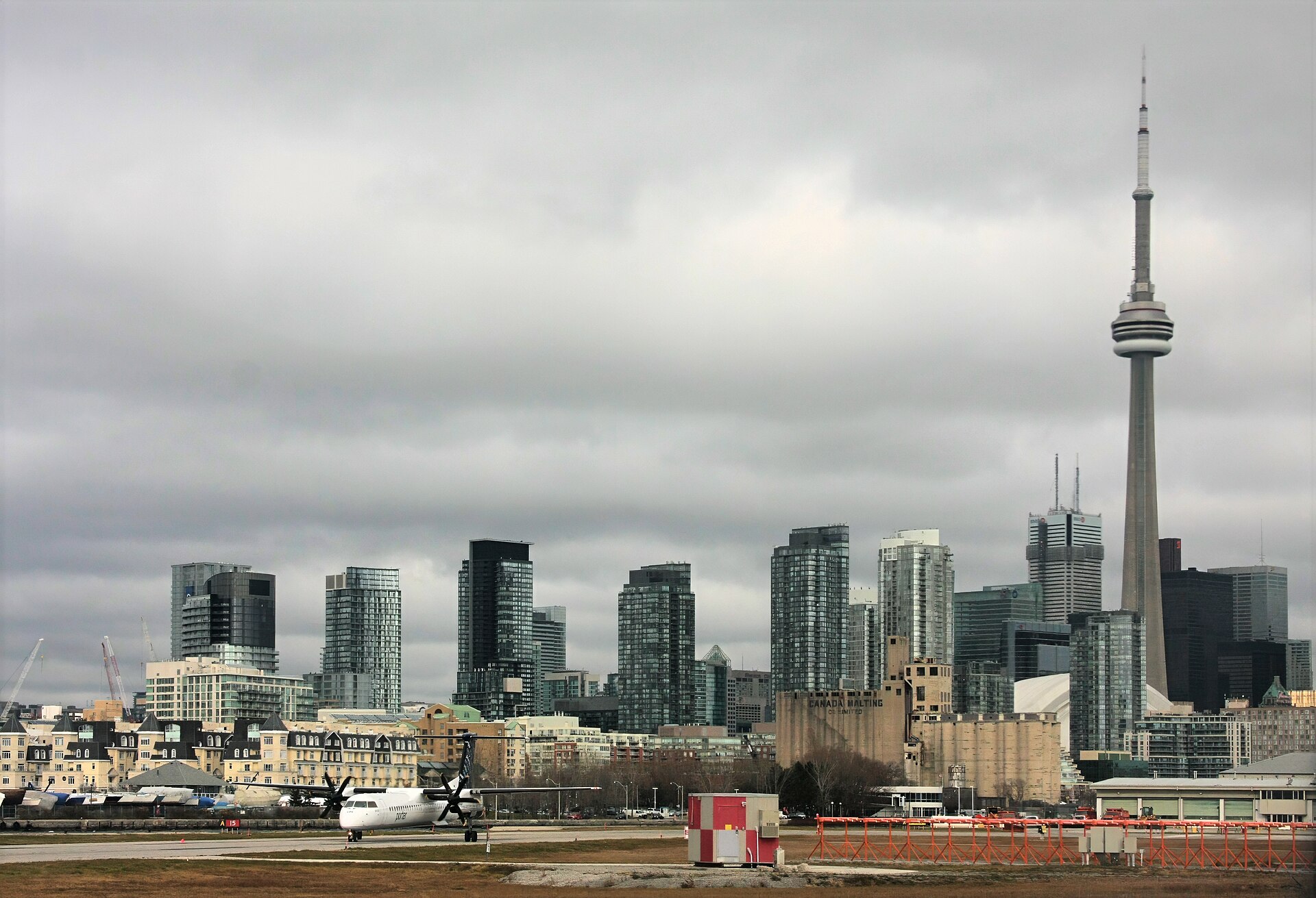Toronto skyline and CN Tower near Billy Bishop Toronto City Airport